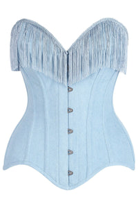 Daisy Corsets Top Drawer Light Blue Denim Steel Boned Overbust Corset w/Fringe in Blue  from SexyShoes.com