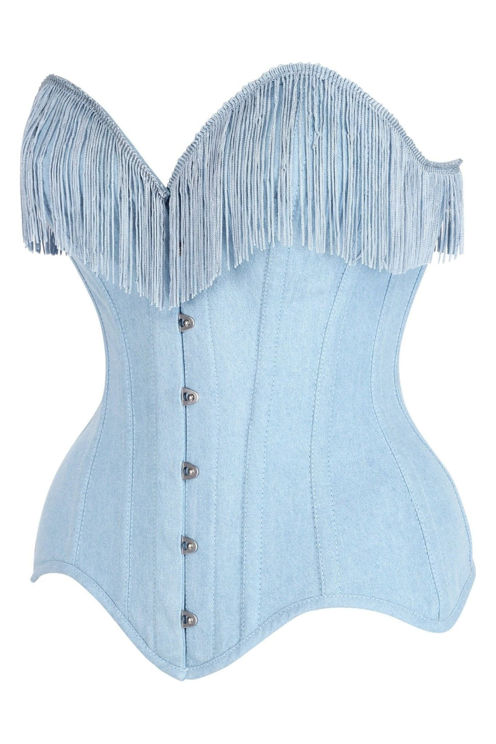 Daisy Corsets Top Drawer Light Blue Denim Steel Boned Overbust Corset w/Fringe in Blue 
