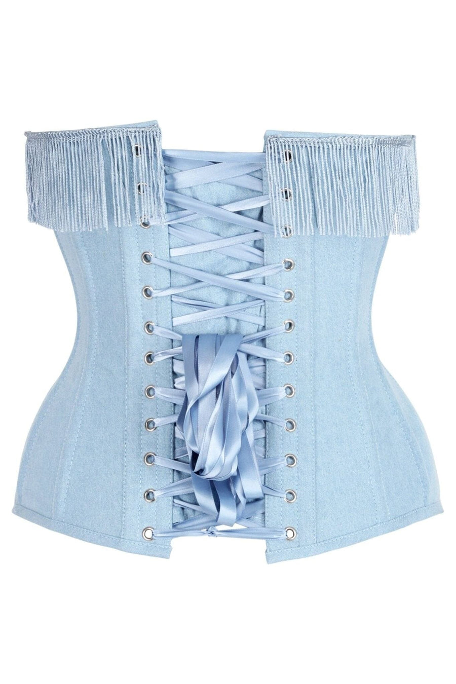 Daisy Corsets Top Drawer Light Blue Denim Steel Boned Overbust Corset w/Fringe in Blue 