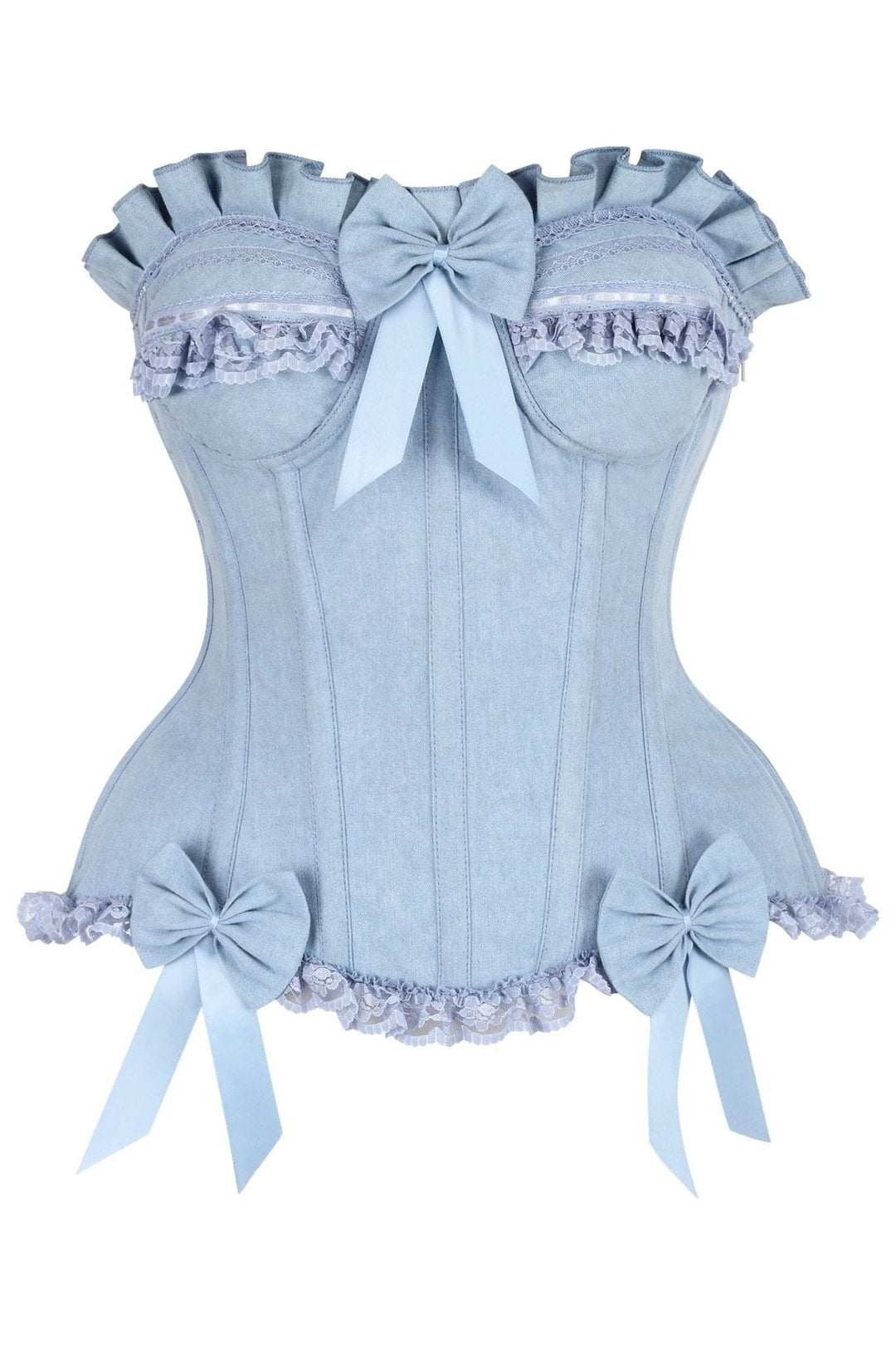 Daisy Corsets Top Drawer Light Blue Denim Underwire Steel Boned Burlesque Corset w/Bows in Blue  from SexyShoes.com
