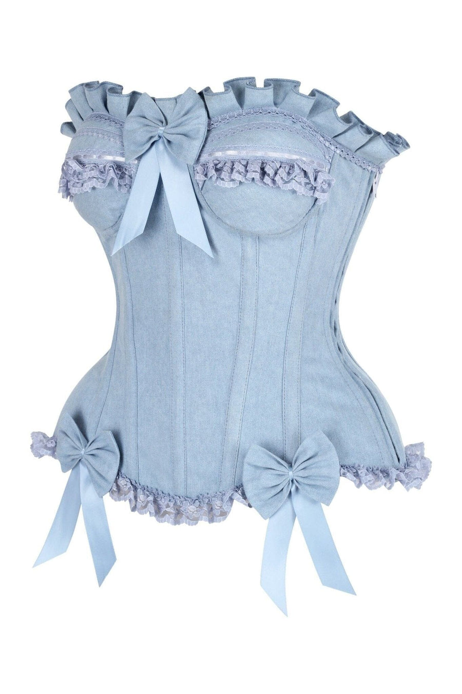Daisy Corsets Top Drawer Light Blue Denim Underwire Steel Boned Burlesque Corset w/Bows in Blue 