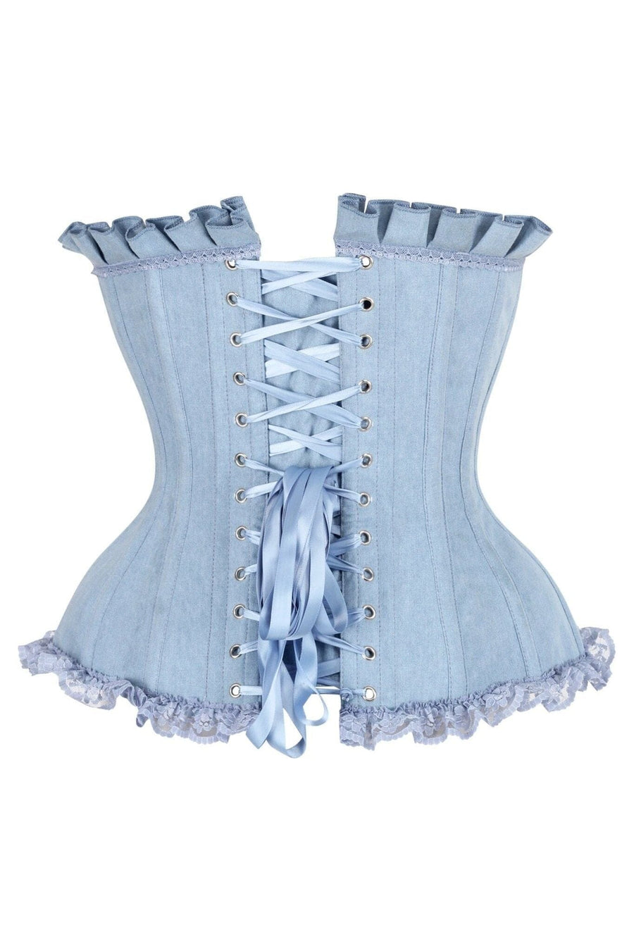 Daisy Corsets Top Drawer Light Blue Denim Underwire Steel Boned Burlesque Corset w/Bows in Blue 
