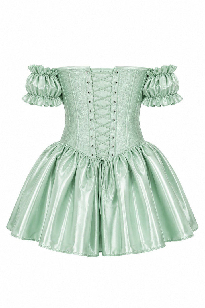 Top Drawer Mint Green Brocade & Silk Steel Boned Corset Dress w/Sleeves