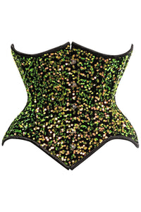 Daisy Corsets Top Drawer Multi Green Sequin Curvy Cut Waist Cincher Corset in Green  from SexyShoes.com