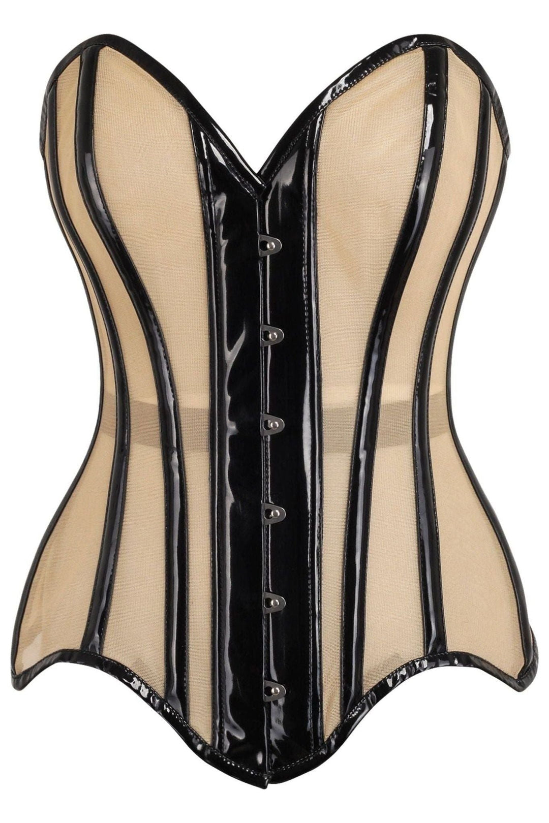 Daisy Corsets Top Drawer Nude Mesh & Black Patent Steel Boned Corset in Ivory  from SexyShoes.com