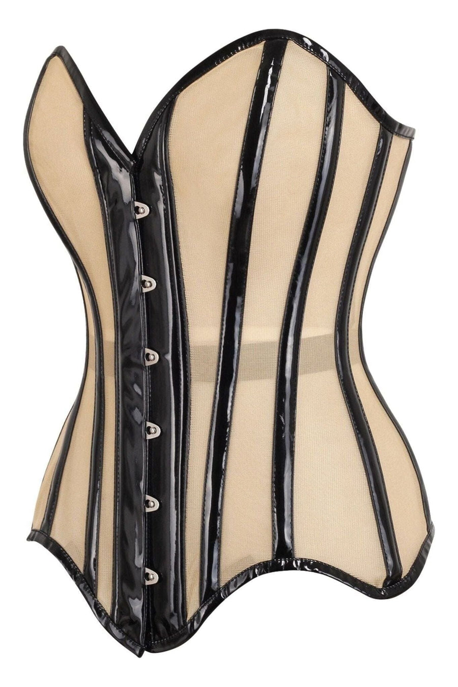 Daisy Corsets Top Drawer Nude Mesh & Black Patent Steel Boned Corset in Ivory 