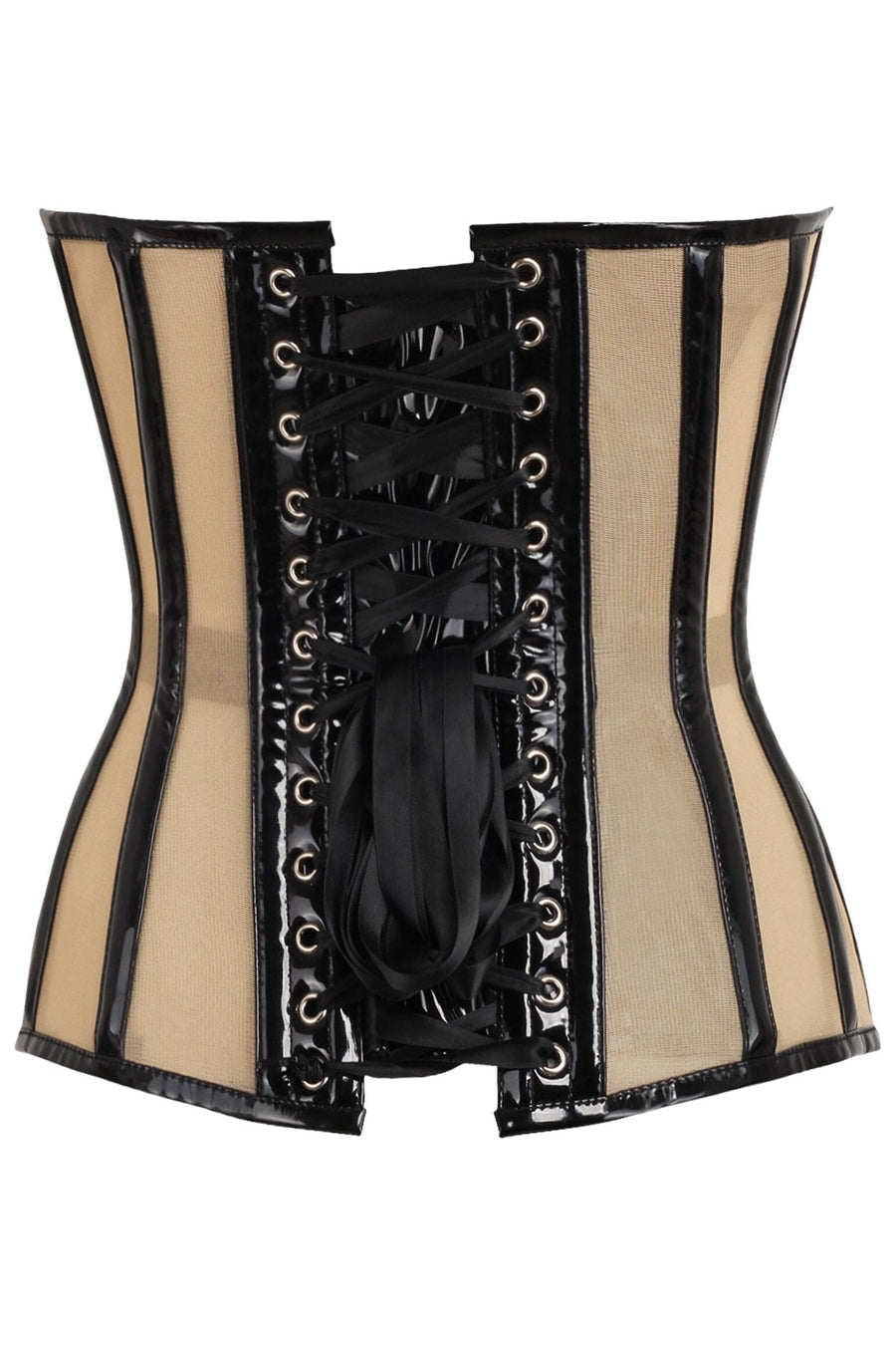 Daisy Corsets Top Drawer Nude Mesh & Black Patent Steel Boned Corset in Ivory 