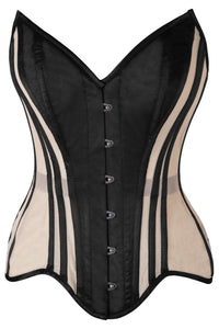 Daisy Corsets Top Drawer Nude Mesh & Black Satin Steel Boned Overbust Corset in Ivory  from SexyShoes.com