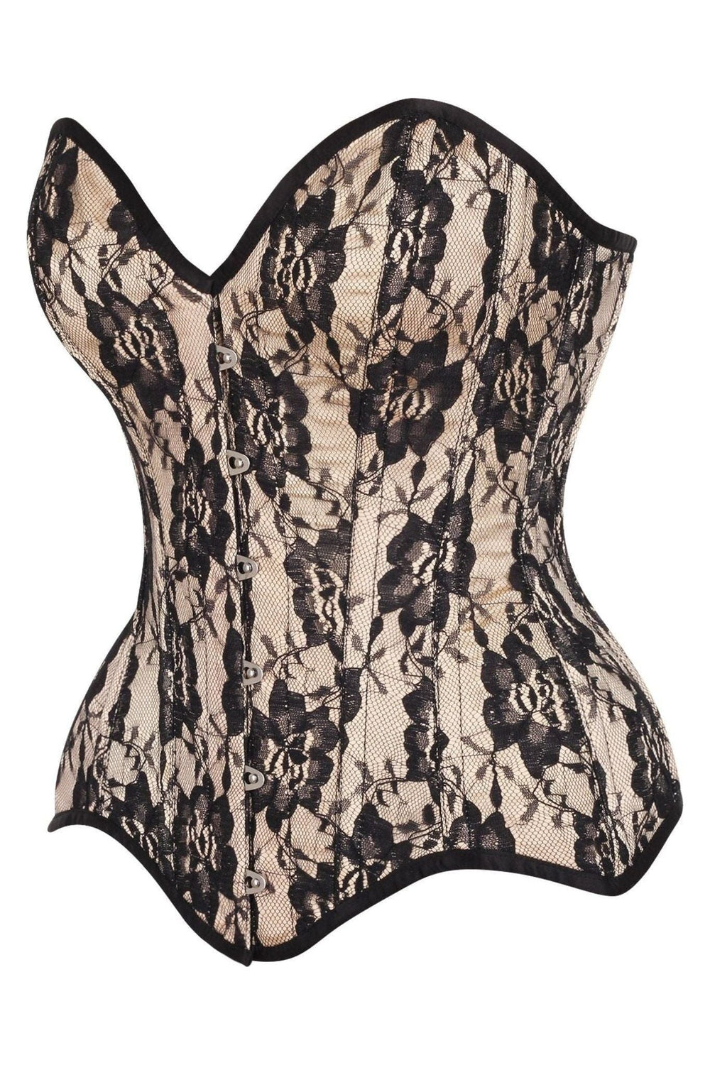 Daisy Corsets Top Drawer Nude Satin w/Black Lace Overlay Steel Boned Overbust Corset in Ivory 