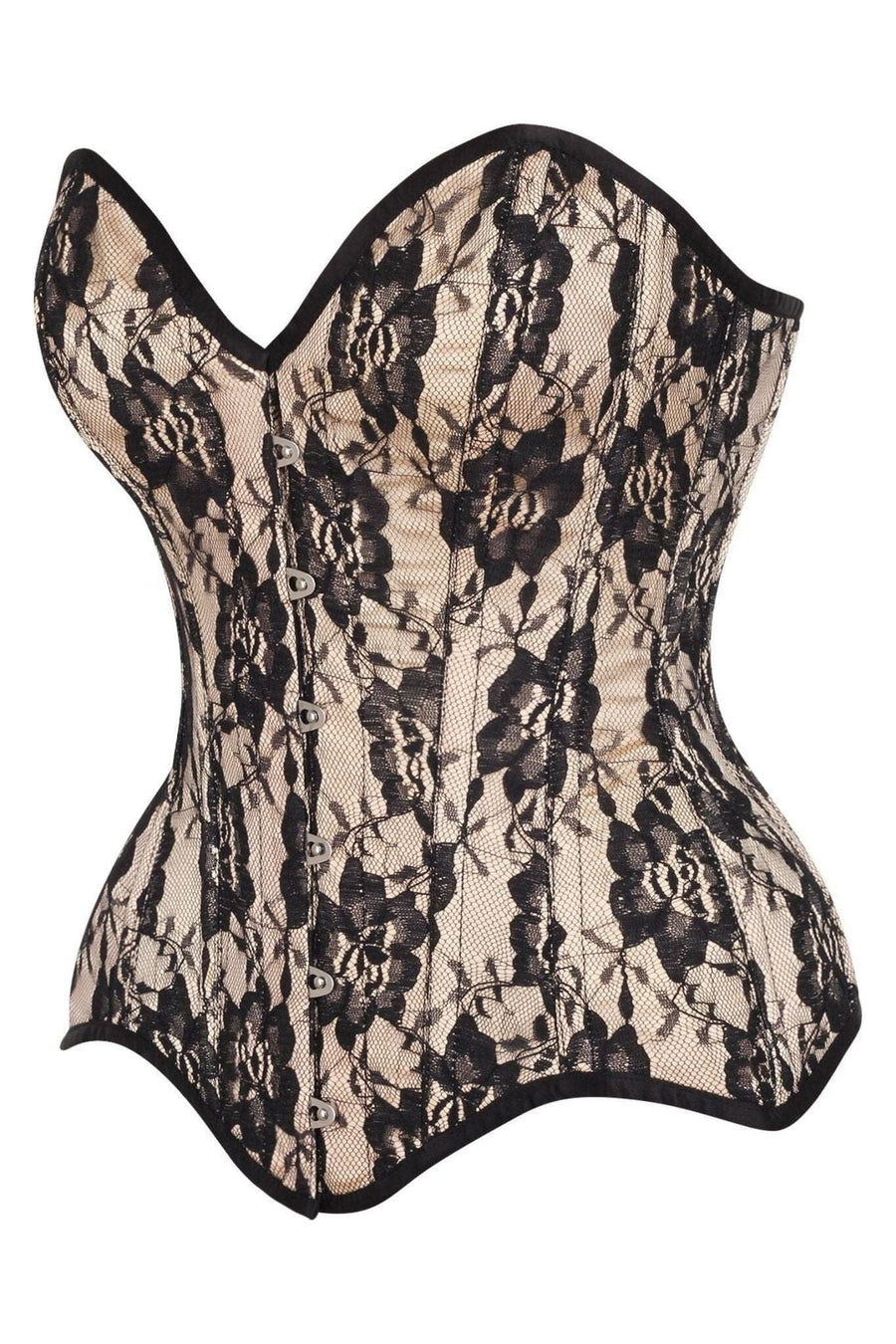 Daisy Corsets Top Drawer Nude Satin w/Black Lace Overlay Steel Boned Overbust Corset in Ivory 