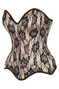 Daisy Corsets Top Drawer Nude Satin w/Black Lace Overlay Steel Boned Overbust Corset in Ivory 