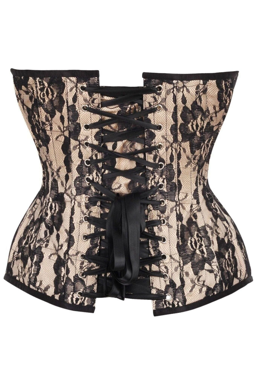Daisy Corsets Top Drawer Nude Satin w/Black Lace Overlay Steel Boned Overbust Corset in Ivory 