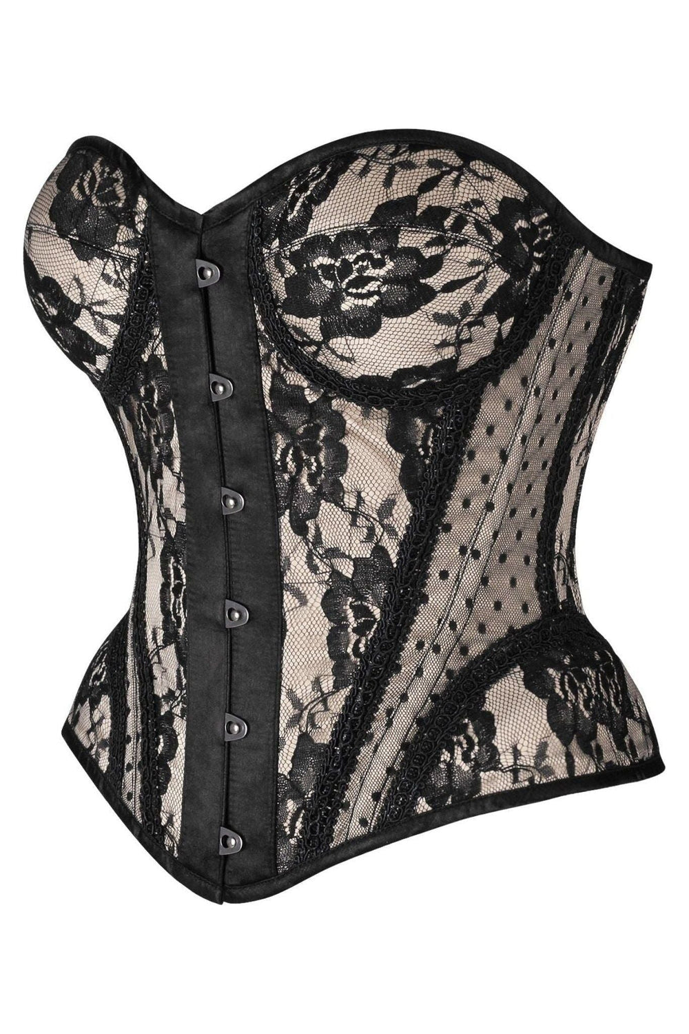 Daisy Corsets Top Drawer Nude w/Black Lace Steel Boned Underwire Bustier Corset in Ivory 
