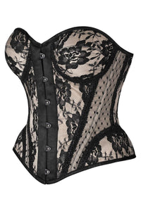 Daisy Corsets Top Drawer Nude w/Black Lace Steel Boned Underwire Bustier Corset in Ivory 