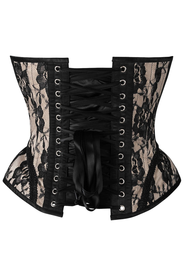 Top Drawer Nude w/Black Lace Steel Boned Underwire Bustier Corset