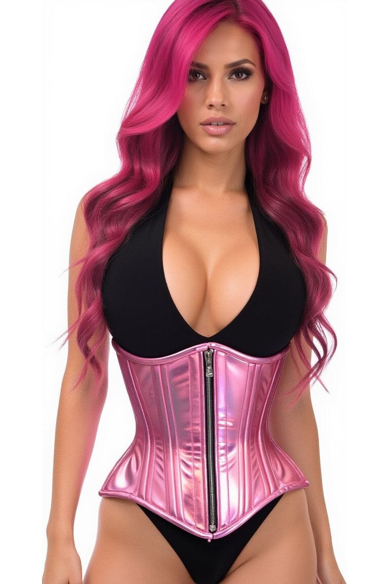 Daisy Corsets Top Drawer Pink Holo Double Steel Boned Underbust Waist Cincher Corset in Pink 