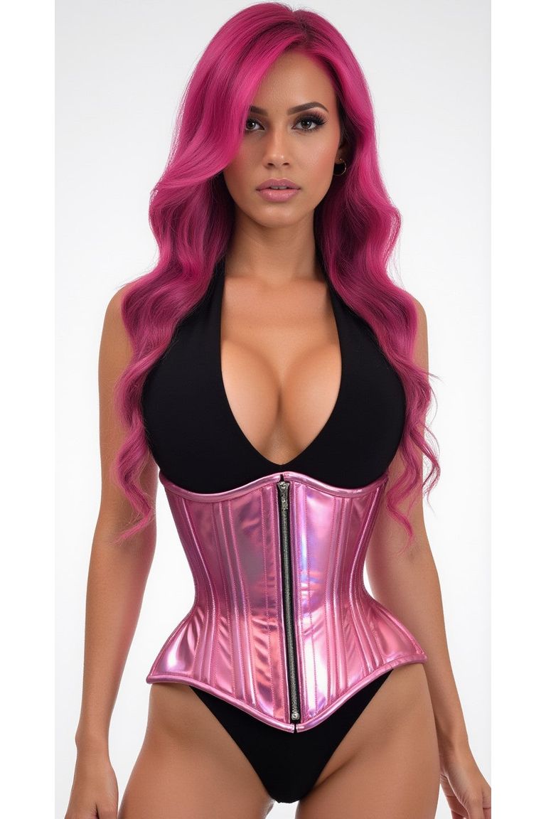 Top Drawer Pink Holo Double Steel Boned Underbust Waist Cincher Corset