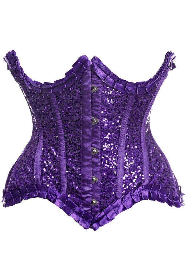 Daisy Corsets Top Drawer Purple Satin & Sequin Underwire Curvy Cut Steel Boned Waist Cincher Corset in Purple  from SexyShoes.com