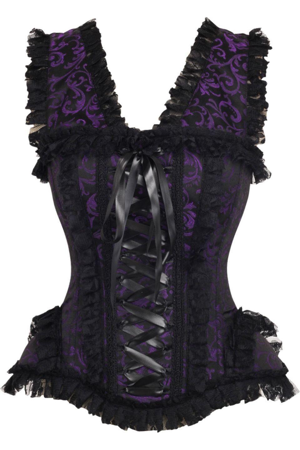 Daisy Corsets Top Drawer Purple/Black Swirl Brocade & Lace Steel Boned Corset w/Cap Sleeves in Purple  from SexyShoes.com