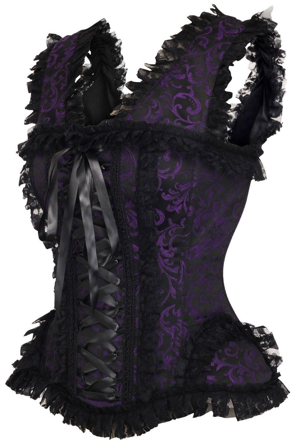 Daisy Corsets Top Drawer Purple/Black Swirl Brocade & Lace Steel Boned Corset w/Cap Sleeves in Purple 