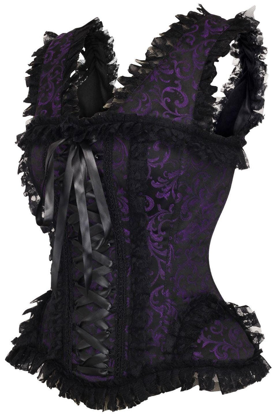 Daisy Corsets Top Drawer Purple/Black Swirl Brocade & Lace Steel Boned Corset w/Cap Sleeves in Purple 