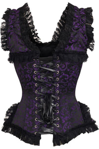 Daisy Corsets Top Drawer Purple/Black Swirl Brocade & Lace Steel Boned Corset w/Cap Sleeves in Purple 