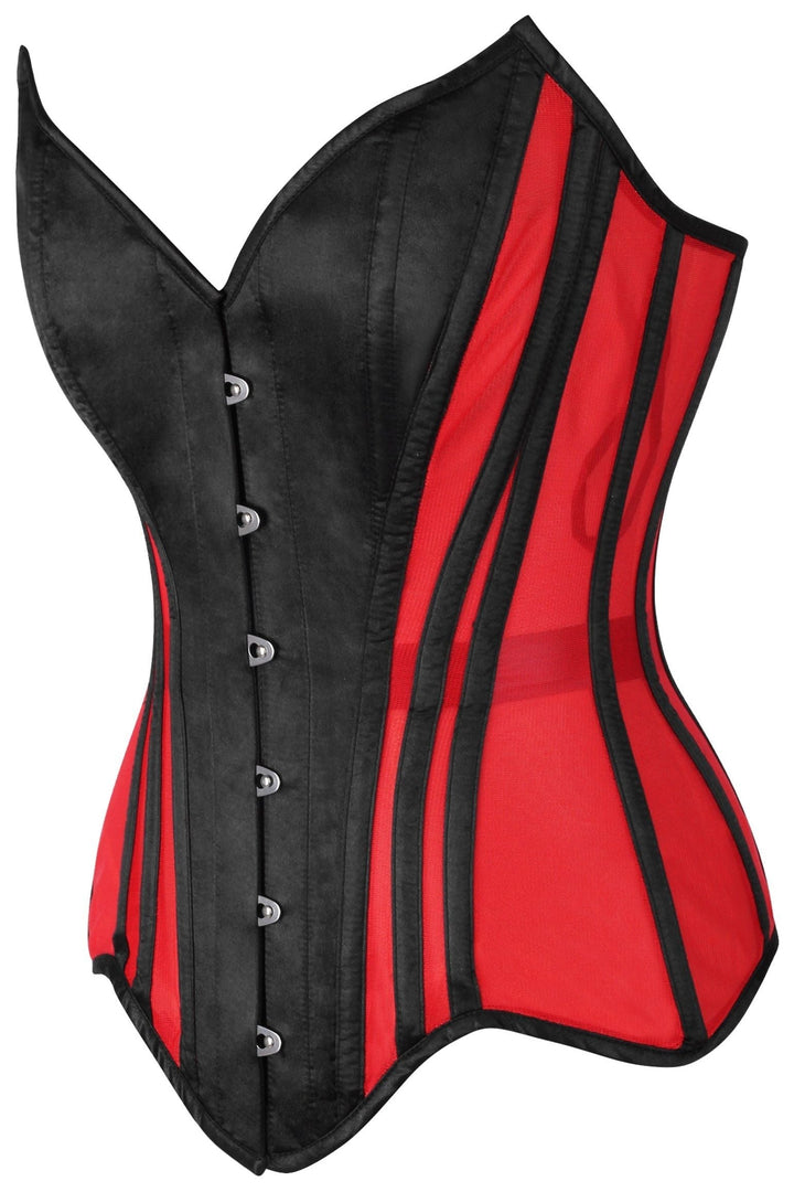 Top Drawer Red Mesh & Black Satin Steel Boned Overbust Corset