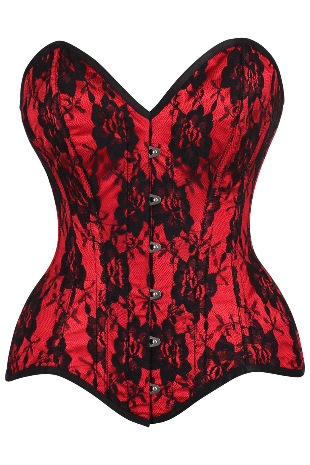 Daisy Corsets Top Drawer Red Satin w/Black Lace Overlay Steel Boned Overbust Corset in Red  from SexyShoes.com