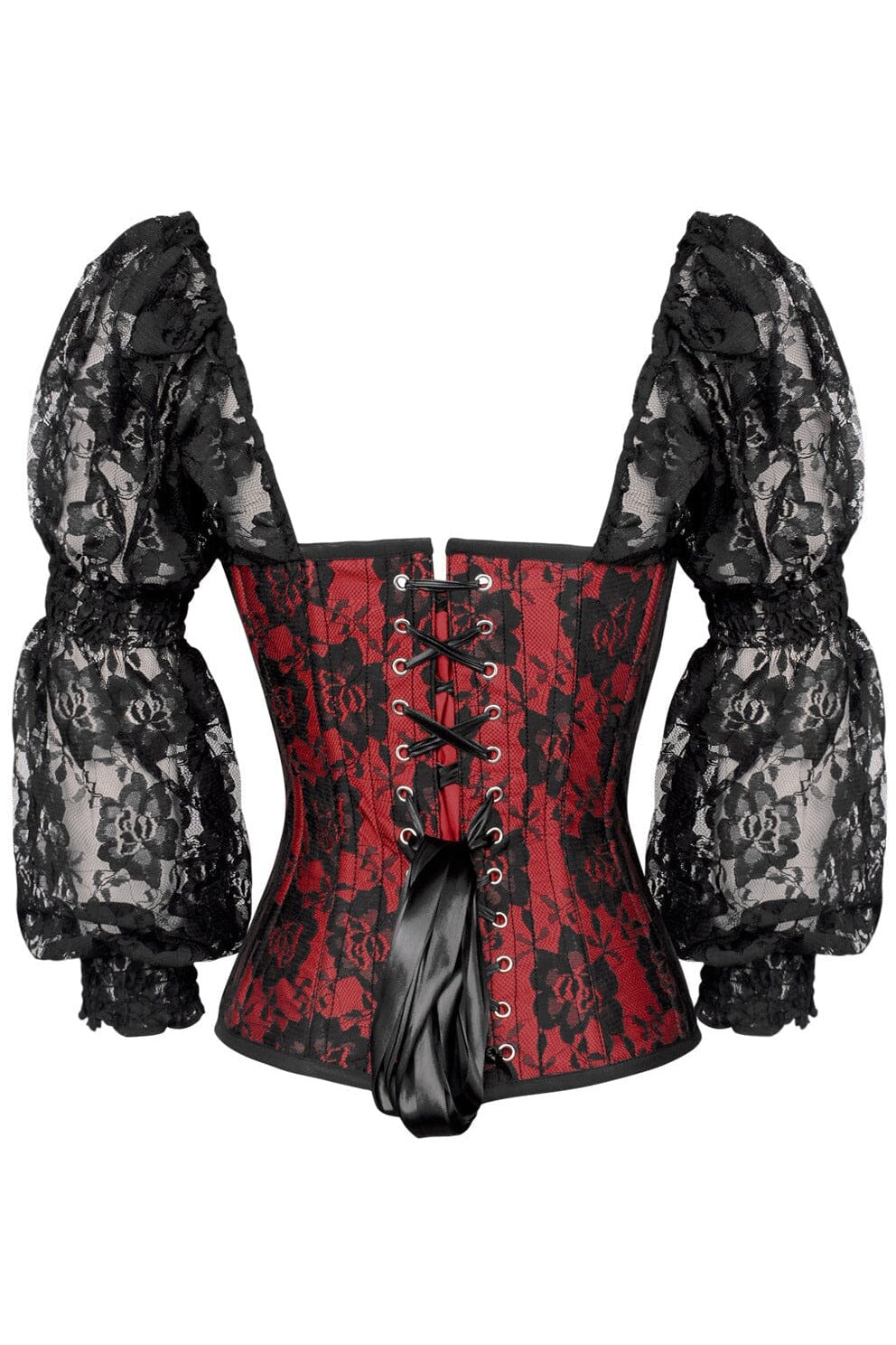 Daisy Corsets Top Drawer Red w/Black Lace Steel Boned Long Sleeve Corset in Red 