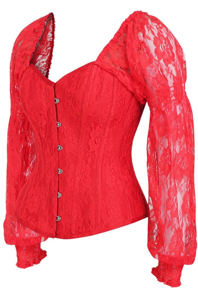 Daisy Corsets Top Drawer Red w/Red Lace Steel Boned Long Sleeve Corset in Red 