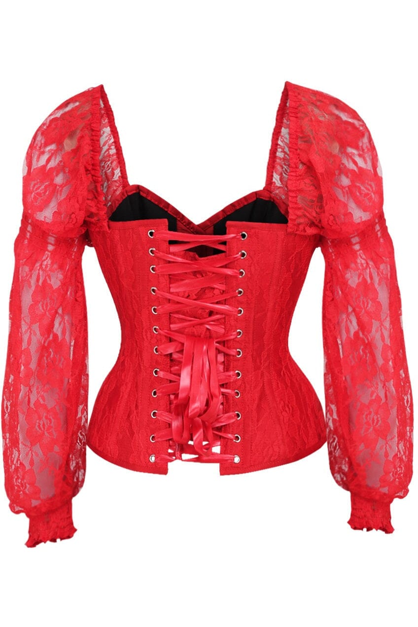 Daisy Corsets Top Drawer Red w/Red Lace Steel Boned Long Sleeve Corset in Red 