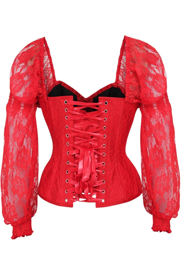 Top Drawer Red w/Red Lace Steel Boned Long Sleeve Corset