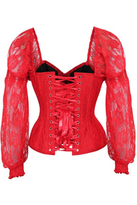Daisy Corsets Top Drawer Red w/Red Lace Steel Boned Long Sleeve Corset in Red 