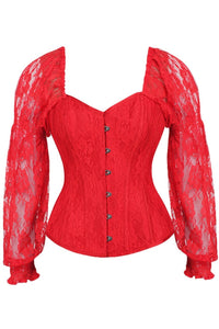 Daisy Corsets Top Drawer Red w/Red Lace Steel Boned Long Sleeve Corset in Red  from SexyShoes.com
