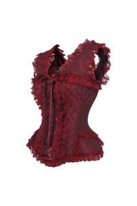 Daisy Corsets Top Drawer Red/Black Brocade & Lace Steel Boned Corset w/Cap Sleeves in Red 