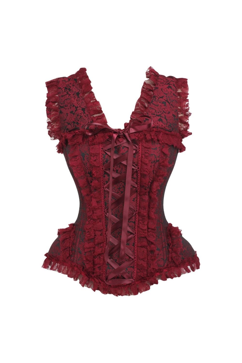 Daisy Corsets Top Drawer Red/Black Brocade & Lace Steel Boned Corset w/Cap Sleeves in Red  from SexyShoes.com