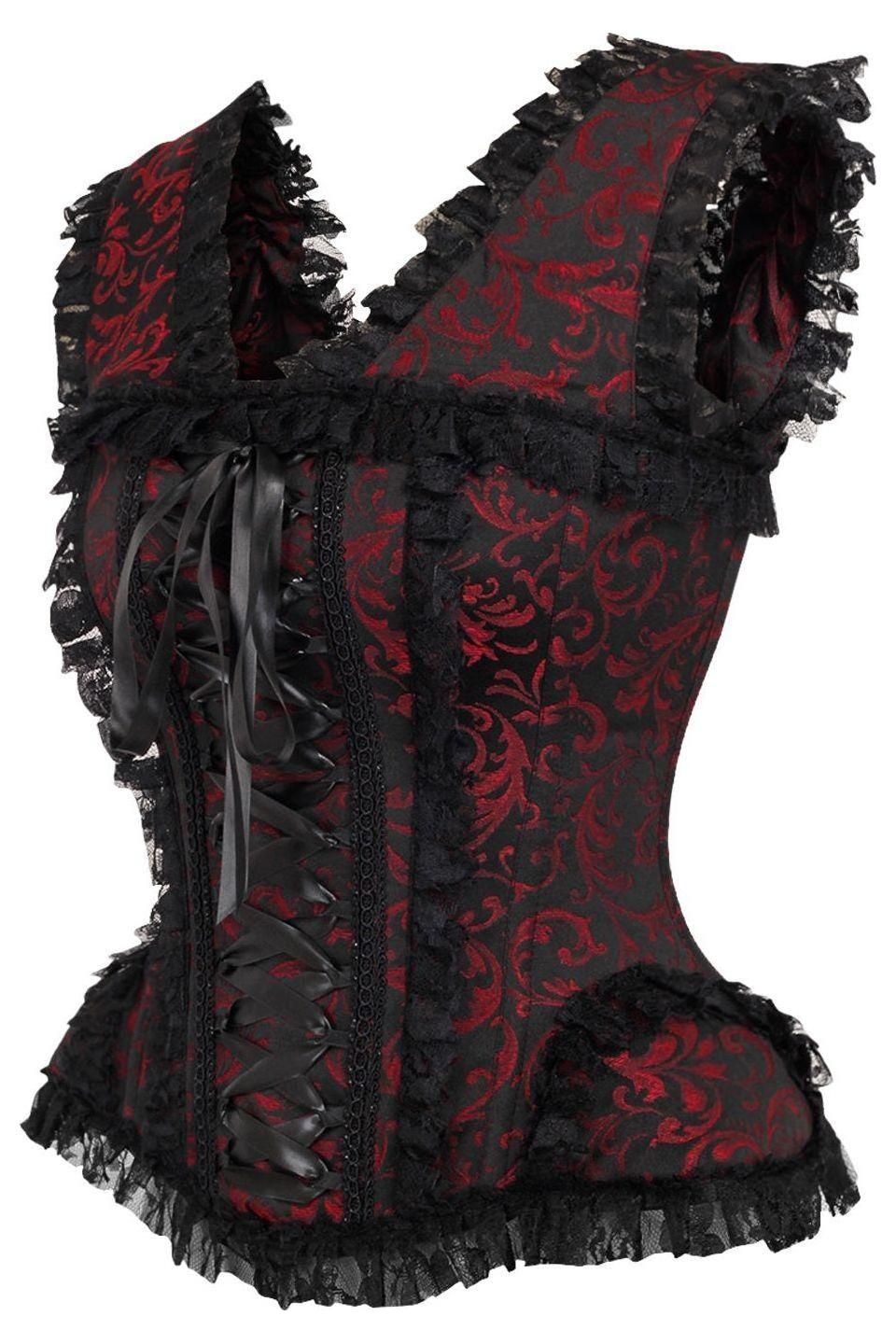 Daisy Corsets Top Drawer Red/Black Swirl Brocade & Lace Steel Boned Corset w/Cap Sleeves in Red 