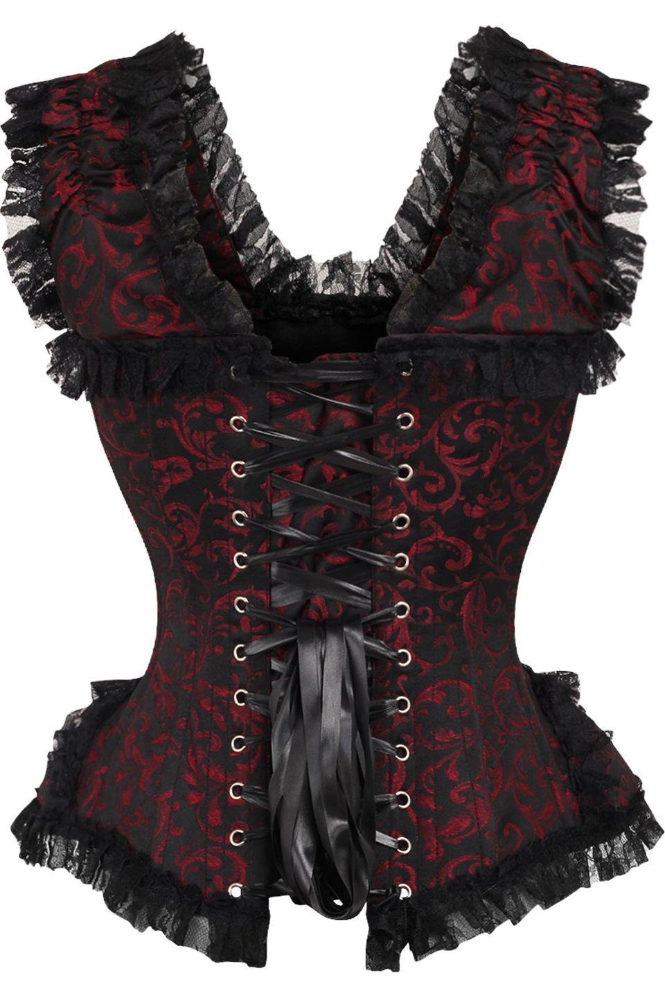 Daisy Corsets Top Drawer Red/Black Swirl Brocade & Lace Steel Boned Corset w/Cap Sleeves in Red 