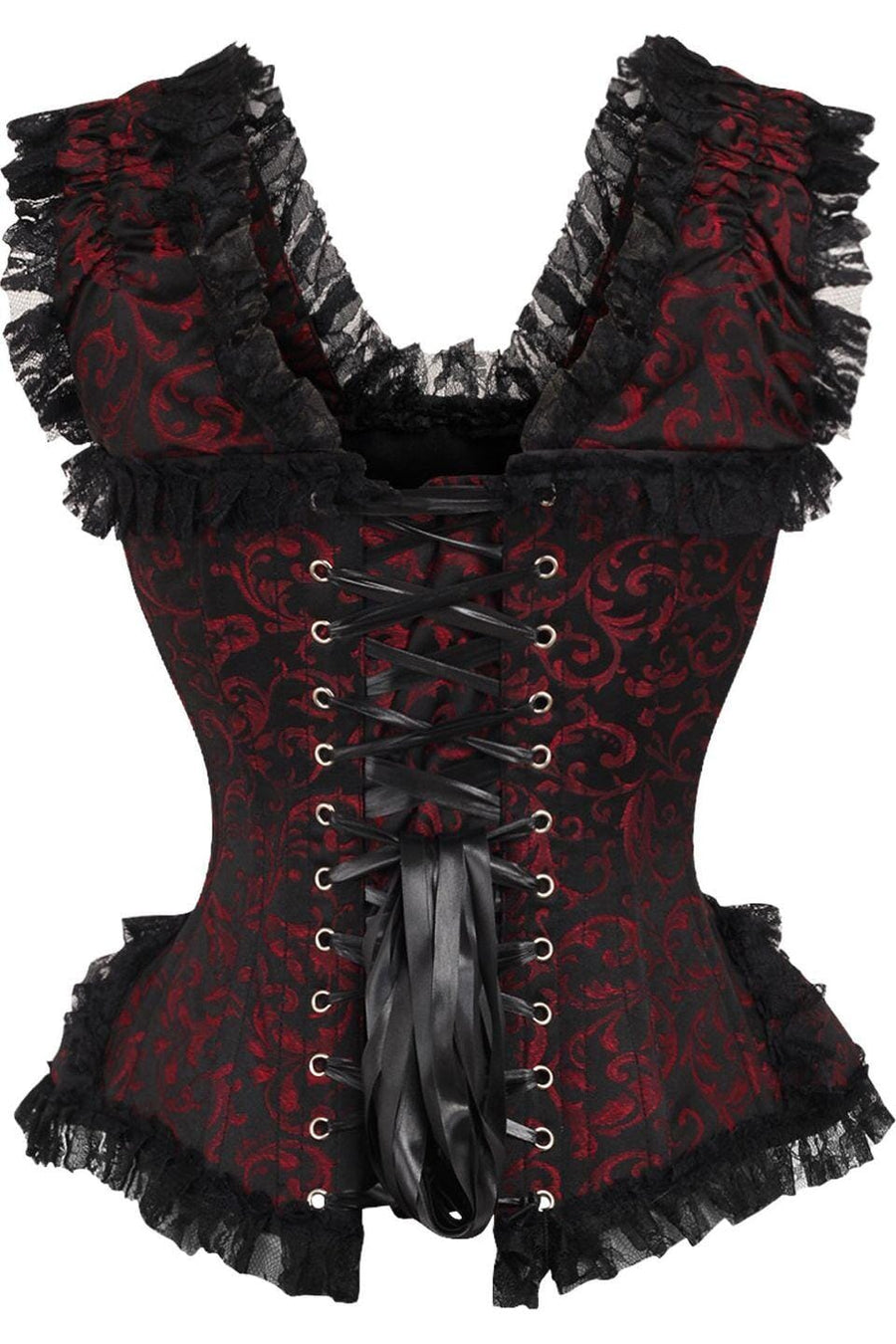 Daisy Corsets Top Drawer Red/Black Swirl Brocade & Lace Steel Boned Corset w/Cap Sleeves in Red 