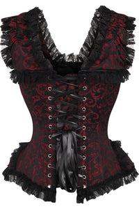 Daisy Corsets Top Drawer Red/Black Swirl Brocade & Lace Steel Boned Corset w/Cap Sleeves in Red 