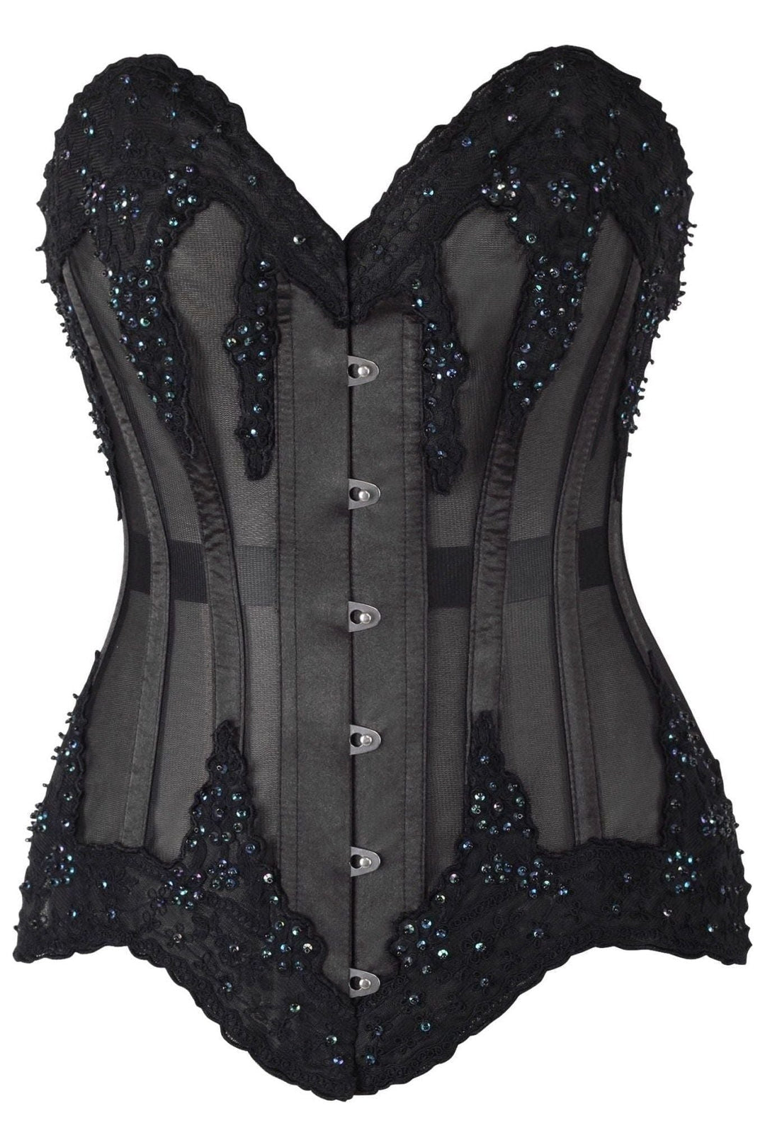 Daisy Corsets Top Drawer Sheer Black Mesh & Beaded Steel Boned Overbust Corset in Black  from SexyShoes.com
