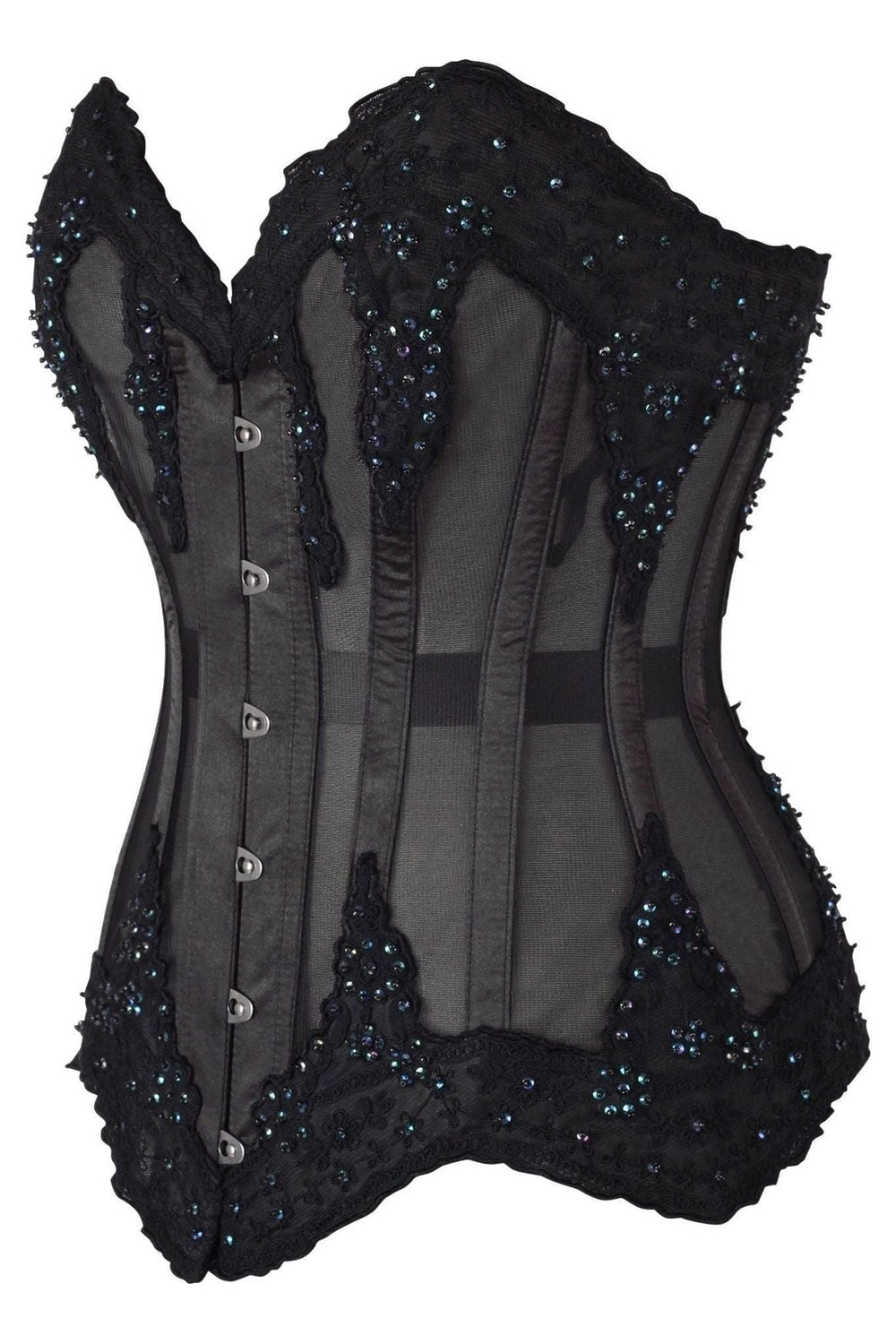 Daisy Corsets Top Drawer Sheer Black Mesh & Beaded Steel Boned Overbust Corset in Black 