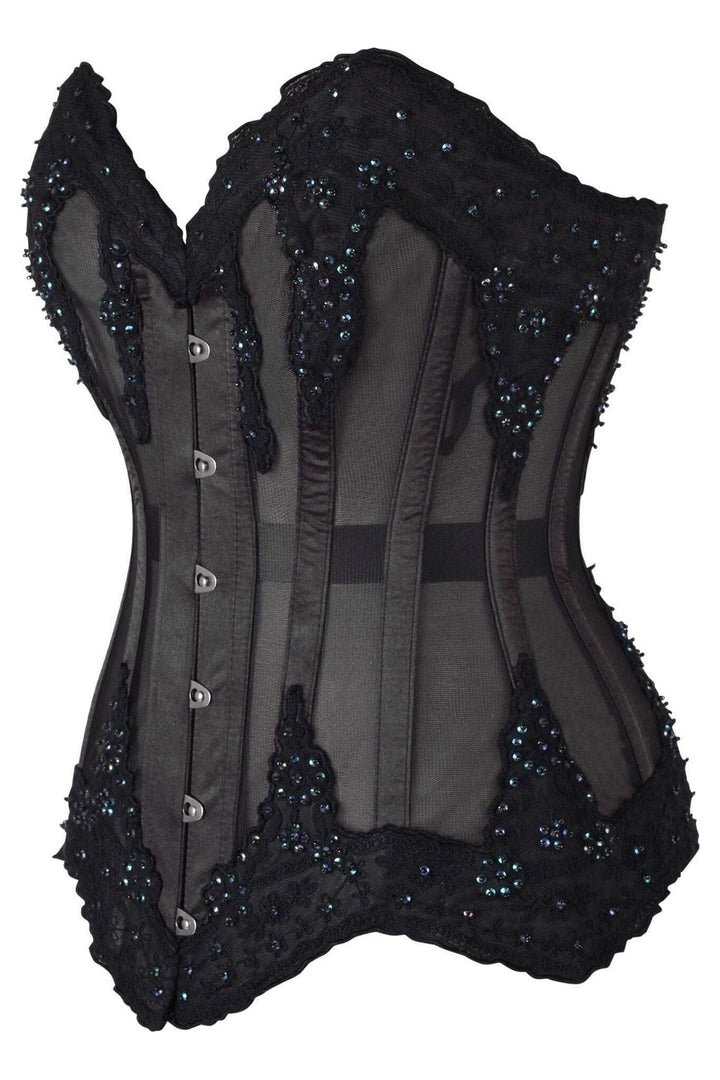 Top Drawer Sheer Black Mesh & Beaded Steel Boned Overbust Corset