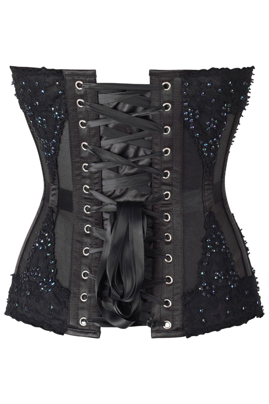 Daisy Corsets Top Drawer Sheer Black Mesh & Beaded Steel Boned Overbust Corset in Black 