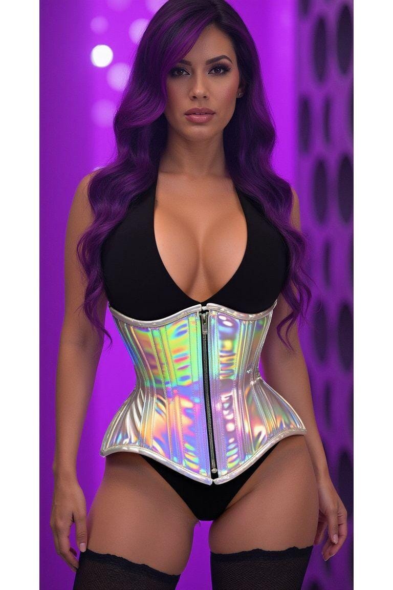 Daisy Corsets Top Drawer Silver Holo Double Steel Boned Underbust Waist Cincher Corset in Silver 