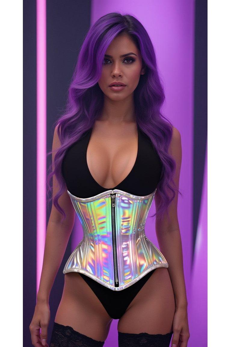 Top Drawer Silver Holo Double Steel Boned Underbust Waist Cincher Corset