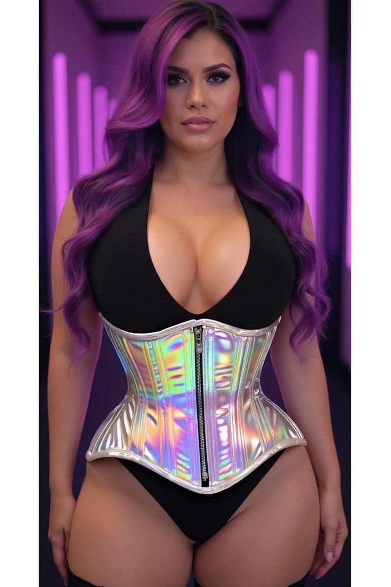 Daisy Corsets Top Drawer Silver Holo Double Steel Boned Underbust Waist Cincher Corset in Silver 