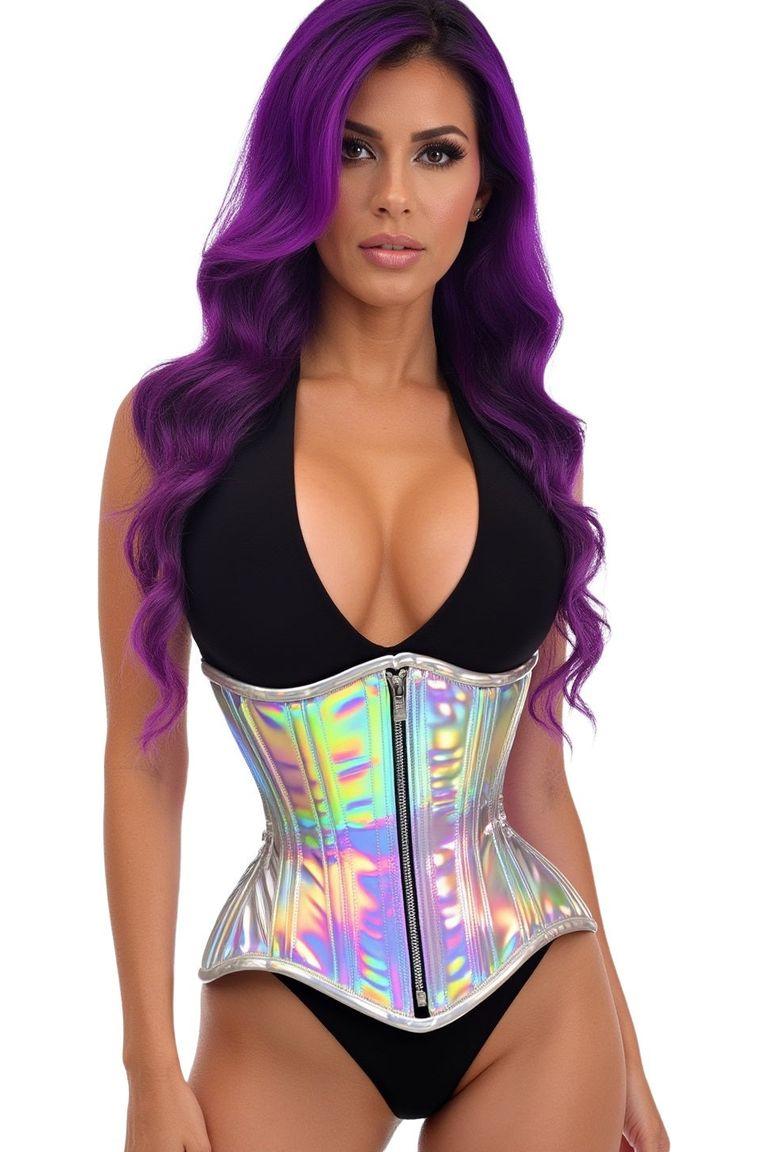 Daisy Corsets Top Drawer Silver Holo Double Steel Boned Underbust Waist Cincher Corset in Silver 
