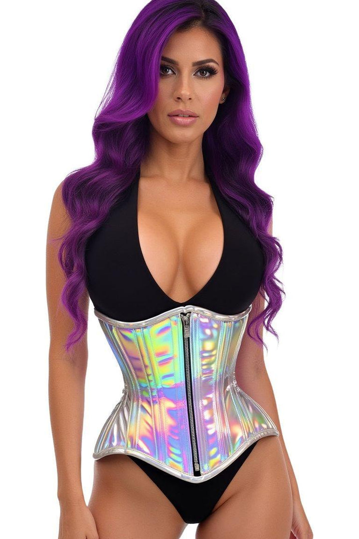 Top Drawer Silver Holo Double Steel Boned Underbust Waist Cincher Corset