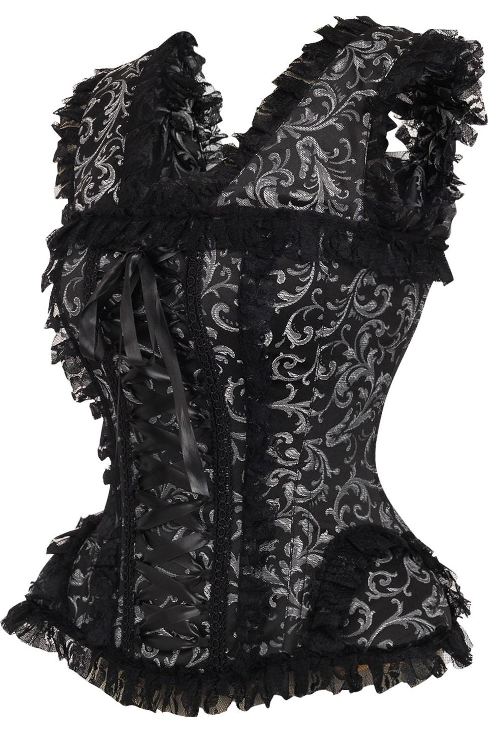 Daisy Corsets Top Drawer Silver/Black Swirl Brocade & Lace Steel Boned Corset w/Cap Sleeves in Silver 